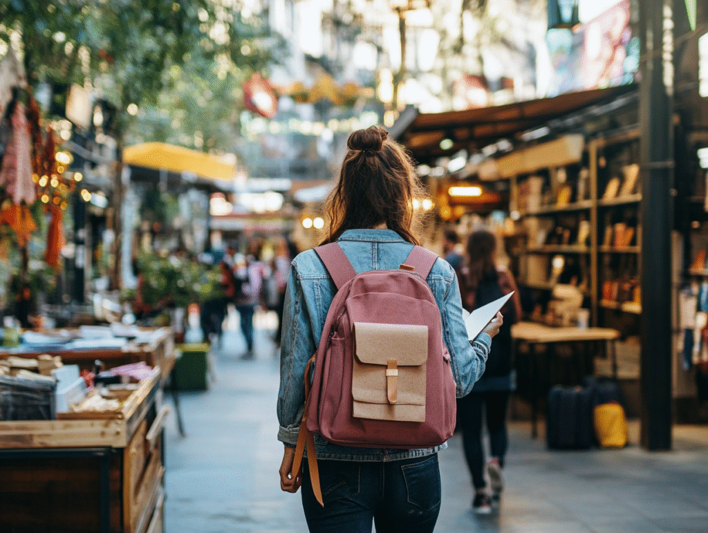 Explorar el mundo real es el primer paso para detectar problemas reales y construir propuestas de valor auténticas. Emprendedora caminando por un mercado urbano, observando el entorno con una libreta en la mano, representando la búsqueda de oportunidades en la vida real.