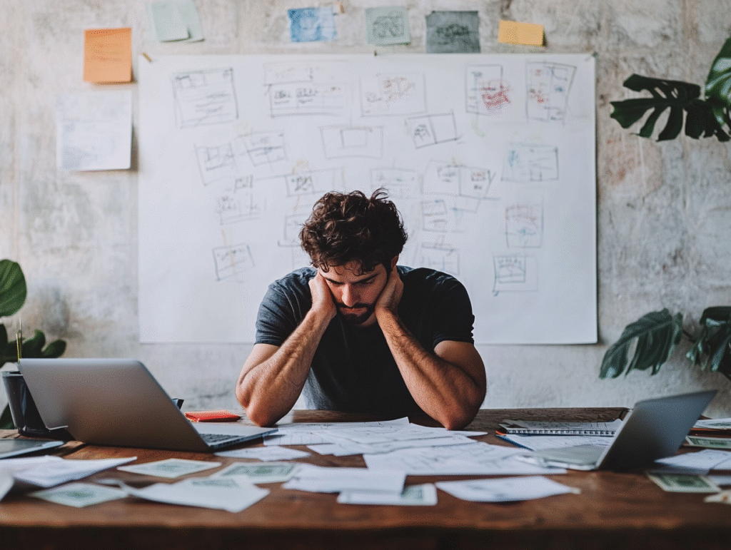 Tener dinero y una idea no basta: esta imagen refleja la necesidad de método en el emprendimiento. Emprendedor frustrado frente a papeles, dinero y laptops, con pizarra de ideas desorganizadas al fondo — representa la falta de método en el inicio de un negocio.