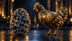 Una gallina dorada con el símbolo de Bitcoin junto a un huevo de cristal atravesado por una red de bloques, que representa blockchain