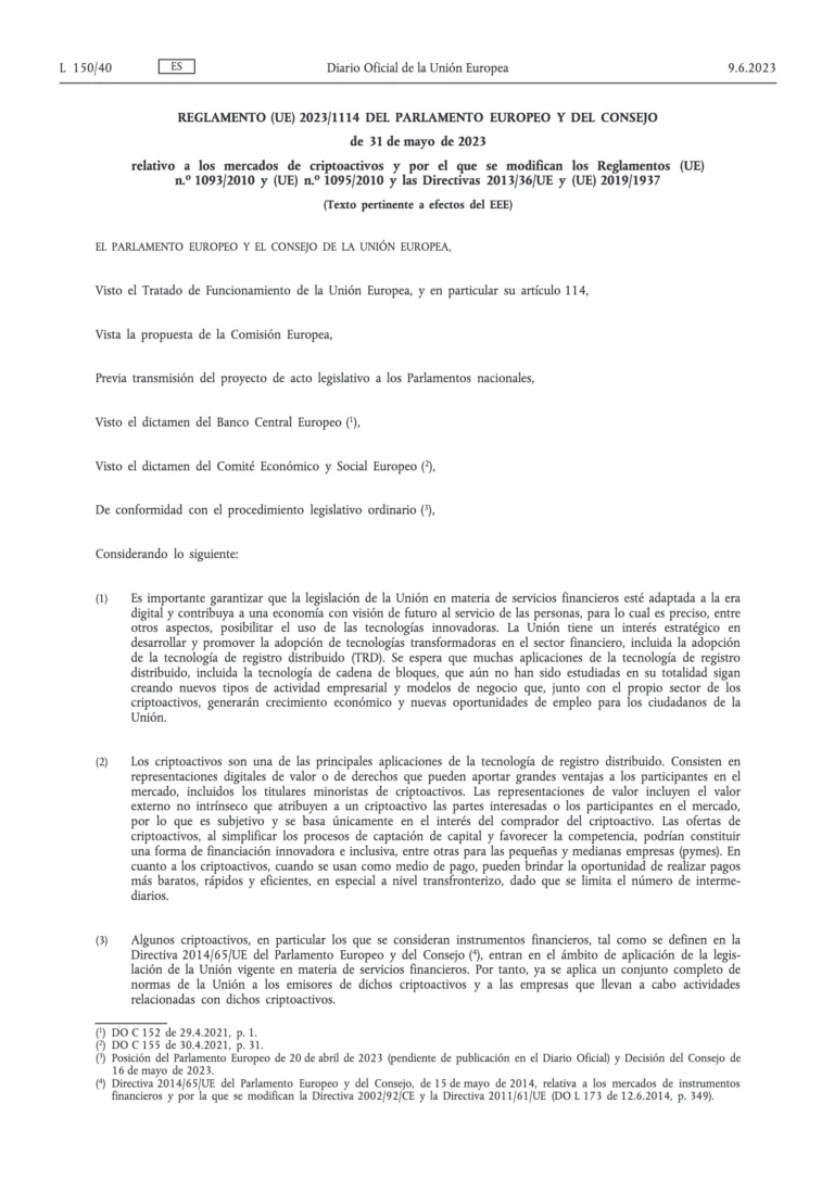 Primera página del Reglamento (UE) 2023/1114 (MiCA) con subrayados y comentarios