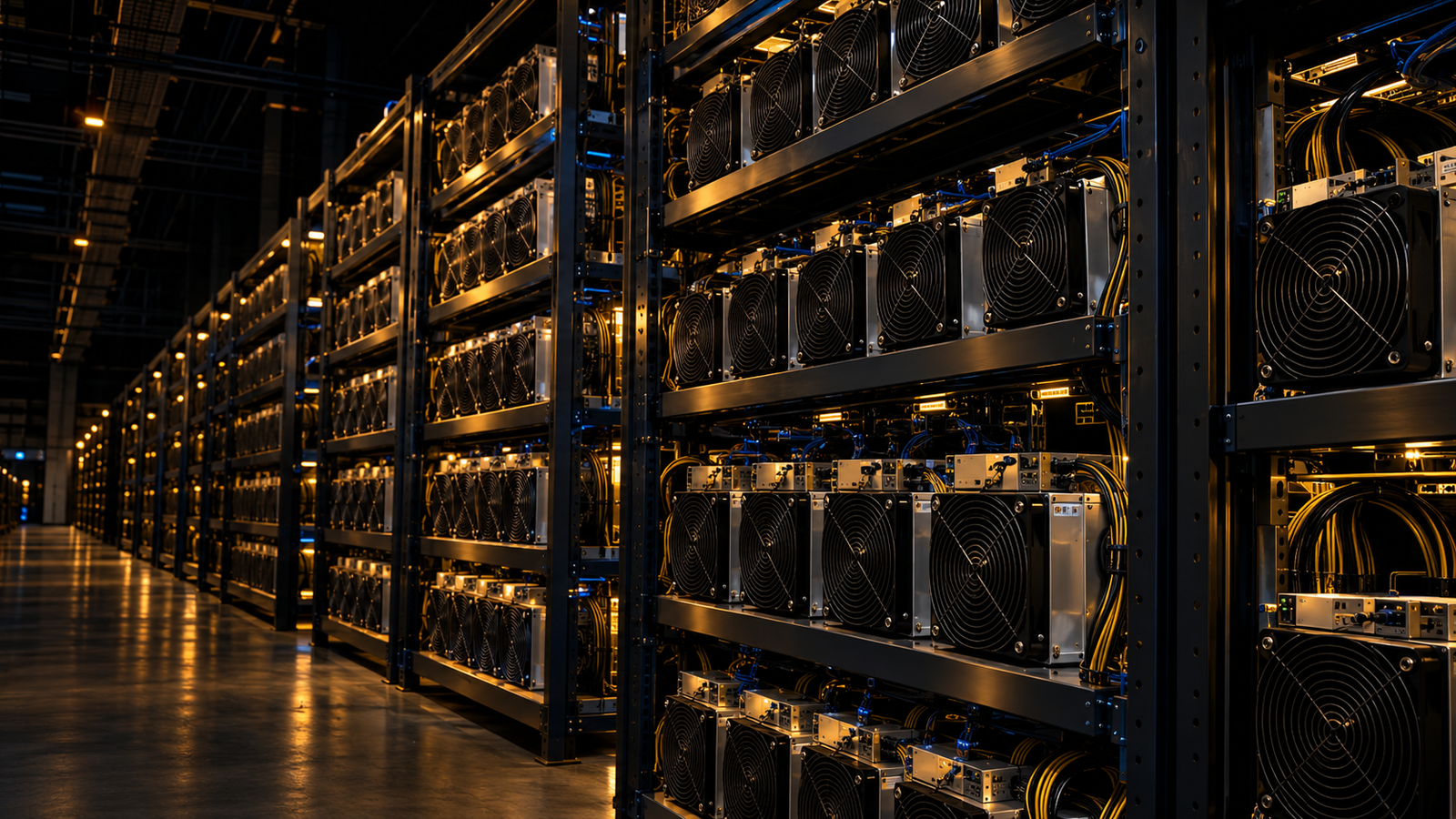 Sala de minería de Bitcoin con racks de equipos